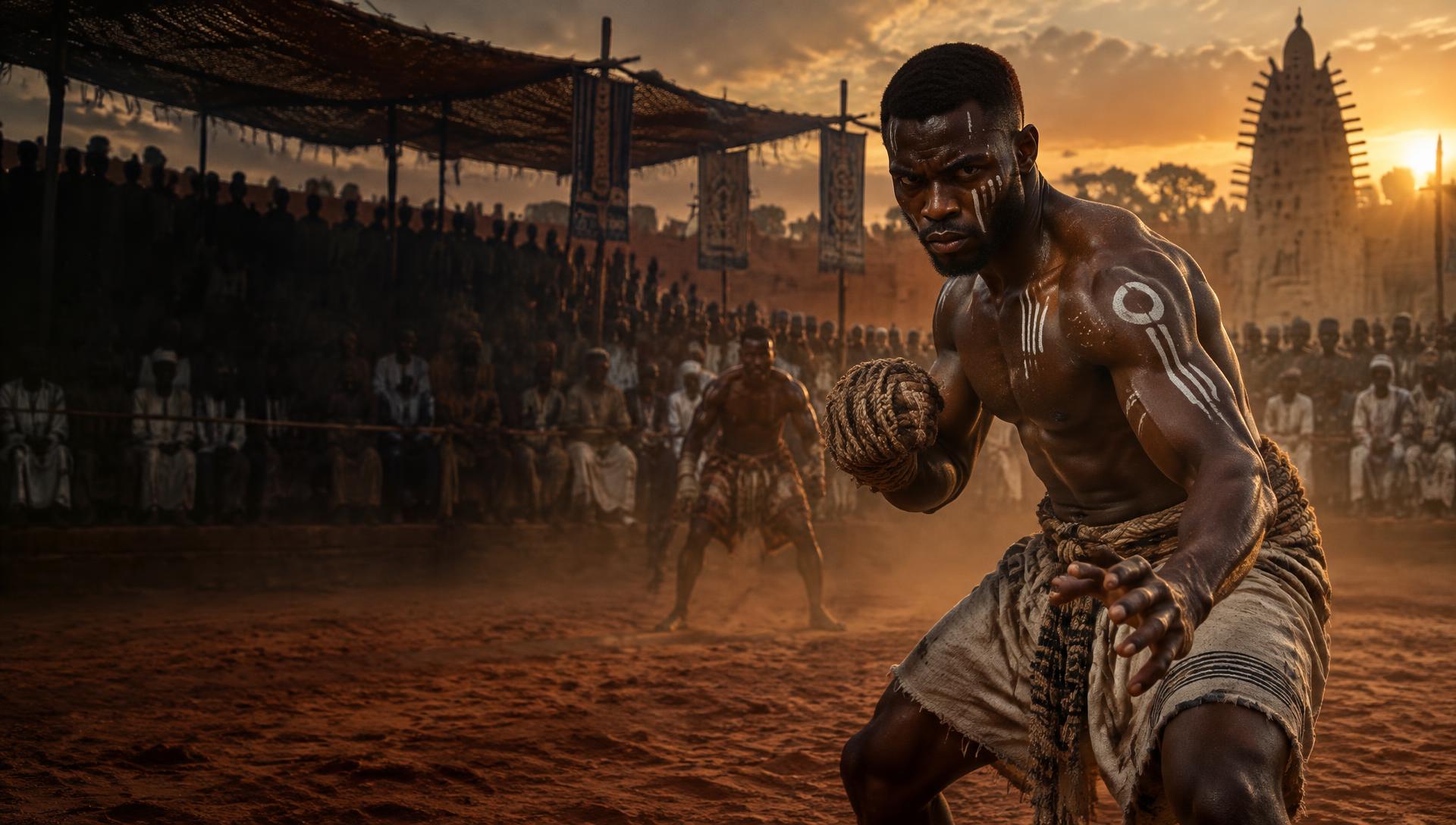 Dambe fighters face off in a traditional arena